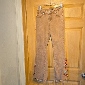 Embroidered Brown Flare Jeans with Floral Hem
